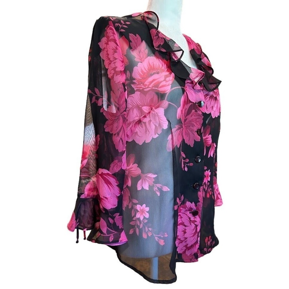 Miss Dorby Women's Floral Sheer Blouse 3/4‎ Sleeve Button Front Size 12